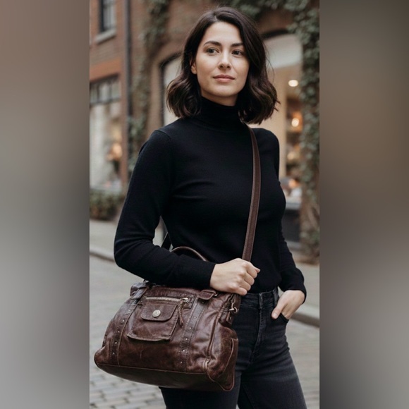 LUANA Brown Supple Leather Shoulder Crossbody Tote Bag w/Braided Western Details - Picture 1 of 9